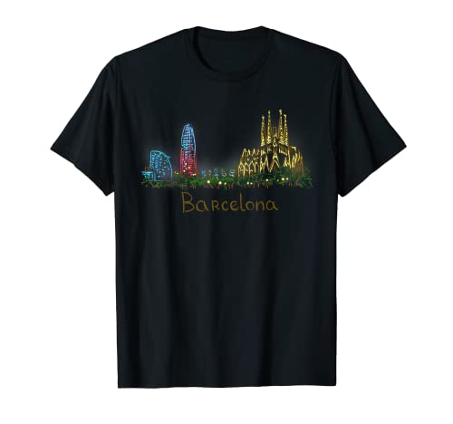Barcelona en la noche Único Arte Dibujado a Mano Camiseta