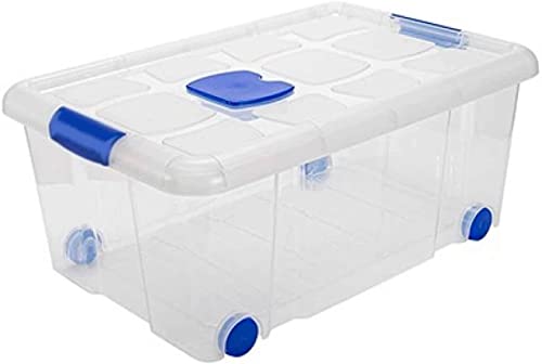 AC Caja de ordenación de plástico transparente nº3 con tapa y ruedas. Contenedor de almacenaje para juguetes, libros, ropa, mantas y otros objetos. Capacidad 36l. Dimensiones aprox. 25x59x40