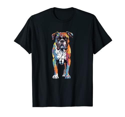 Colorido Pop Art Boxer de pie raza de perro con salpicaduras de pintura Camiseta