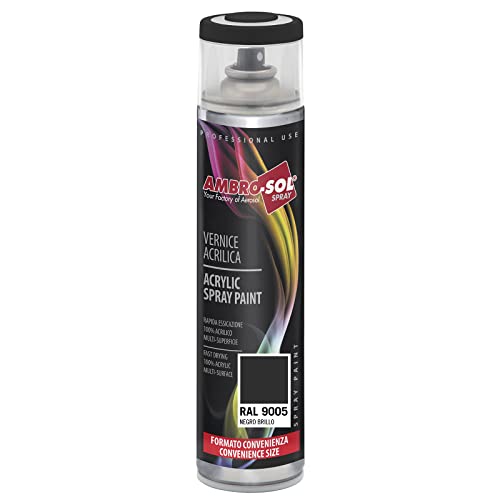 AMBRO-SOL - Pintura acrílica en spray, color Negro Brillo, RAL 9005, resultado profesional en múltiples superficies, exteriores e interiores, 600 ml