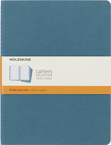 Moleskine Cahier Journal (juego de 3 cuadernos con páginas forradas, cubierta de cartón y bordado de algodón, extra grande de 19 x 25 cm, 120 páginas) Azul