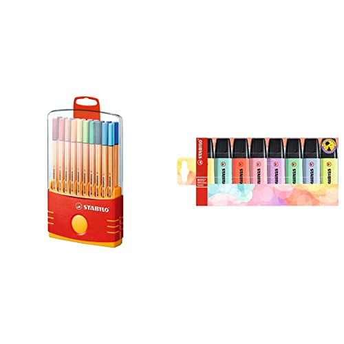 STABILO Rotulador punta fina point 88 Estuche premium Colorparade con 20 colores + Marcador BOSS ORIGINAL Pastel Estuche con 8 colores pastel