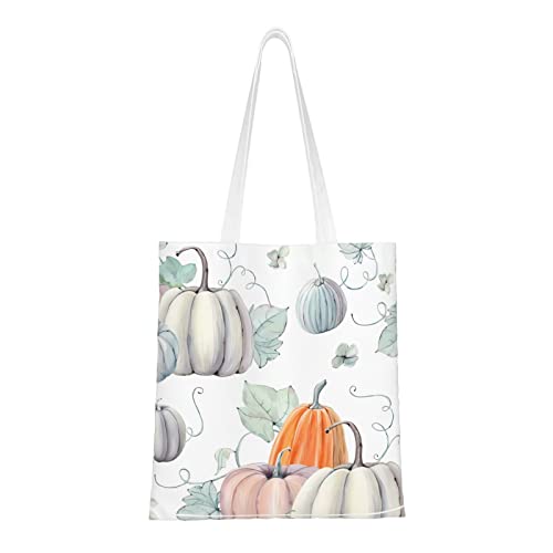 Bolsa de la compra de mano con diseño de calabazas de acuarela de otoño, ligera y suave, adecuada para viajes diarios, compras, 16 x 15 pulgadas, Negro