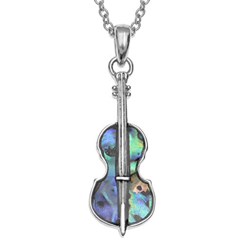 Kiara Jewellery Collar con colgante de violín con incrustaciones de concha de abulón azul verdoso natural en cadena de 45,72 cm, color plata no se deslustra, chapado en rodio.