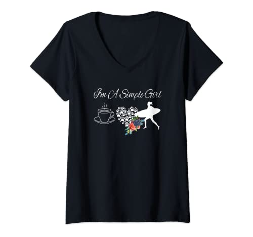 Mujer Soy una chica sencilla perros de café surf acuarela flores Camiseta Cuello V