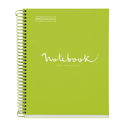 Miquelrius - Cuaderno Notebook Emotions, 5 Franjas de Colores, A5, 120 Hojas Cuadriculadas 5 mm, Papel de 90 g/m², 2 Taladros, Cubierta de Cartón Duro, color Verde Lima