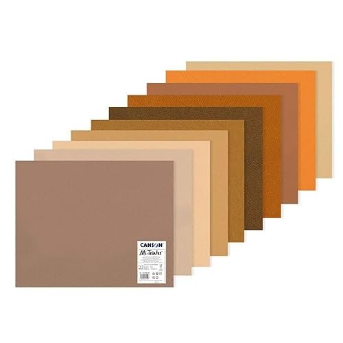 CANSON Mi-Teintes, Papel de dibujo de color, Doble cara: Grano atenuado y grano fino, 160g, 50x65cm, Manipack, 10 tonos marrones, 10 Hojas