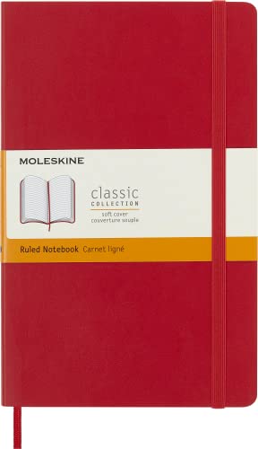 Moleskine - Cuaderno Clásico con Hojas Rayadas, Tapa Blanda y Cierre Elástico, Color Rojo Escarlata, Tamaño Grande 13 x 21 cm, 192 Hojas