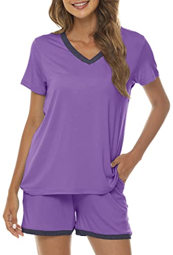 MoFiz Pijamas Mujer Verano Suave Conjunto de Pijama Corto Ropa de Dormir 2 Piezas Shorts y Camiseta Violeta Claro S
