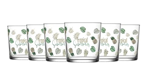 UNISHOP Set de 6 Vasos de Agua con Dibujos de 345ml, Vasos de Cristal Transparentes y Estampados, Aptos para Lavavajillas