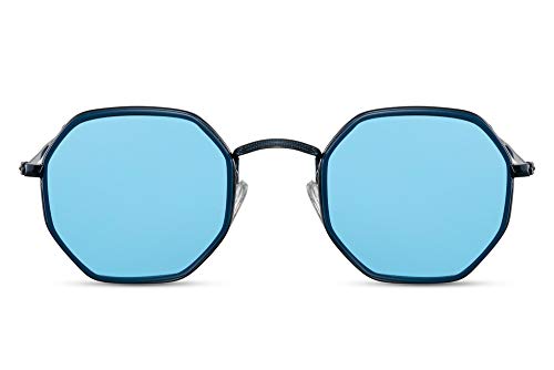 Cheapass Sunglasses Pequeñas Octogonales Montura Negra Metálica con Lentes Azules Espejadas Protección UV400 Hombres