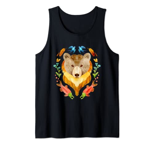 Oso Grizzly Gouache Salmón Flores Naturaleza Camping Pesca Camiseta sin Mangas