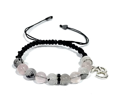 Julutha Pulsera piedra natural. Pulsera para el verano Pulsera cuarzo rosa y cuarzo turmalinado hecha a mano, hilo de nylon y ajustable. (Cuarzo rosa y cuarzo turmalinado)