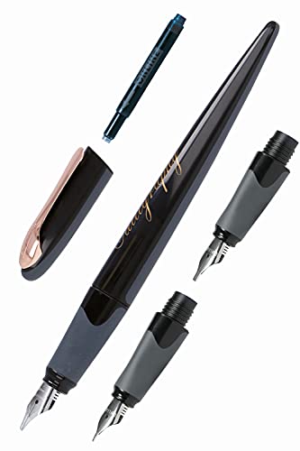 ONLINE Juego de caligrafía I bonito pluma Air Black Rose I Plumas caligráfica en 3 grosores de línea 0,8/1,4/1,8 mm I Cartuchos de tinta o convertidor estándar I Set de regalo