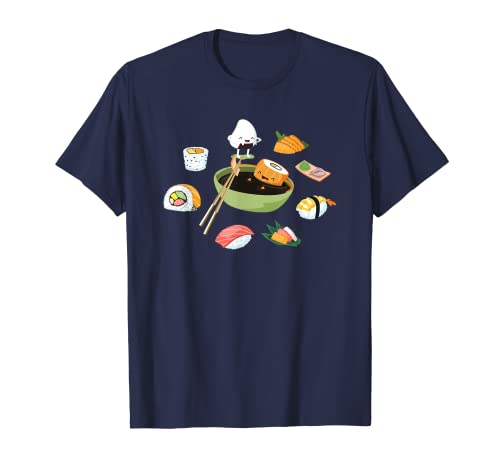 Linda camiseta de sushi de dibujos animados - Cuenco de arroz, palillos, Nigiri M Camiseta