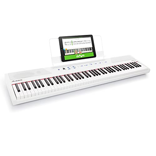 Alesis Recital White - Teclado de piano digital de color blanco con 88 teclas semi-contrapesadas de tamaño completo, fuente de alimentación, altavoces incorporados y 5 voces