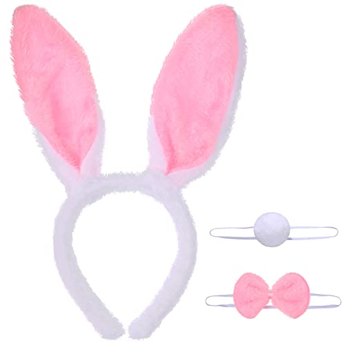 Accesorios de Disfraz de Conejito Cosplay Diadema de Felpa de Orejas de Conejo de Pascua Cola y Lazo de Conejo para Niños Adultos Favor Fiesta Pascua o Decoración (Blanco)