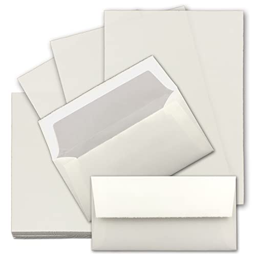 Juego de 10 cartas de papel auténtico, 20 piezas, hoja DIN A4 y sobres largos forrados, color blanco roto y blanco envejecido