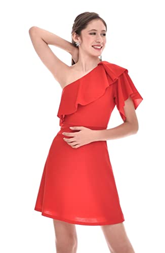 TONALÁ | Vestido Mujer Fiesta Evento Elegante Corto Liso Entallado Hombro Descubierto | Vestido juvenil con escote asimétrico (Rojo, L)
