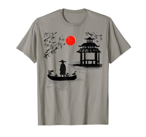 Pintura japonesa tradicional Sumi-e, bambú, hombre con barco Camiseta