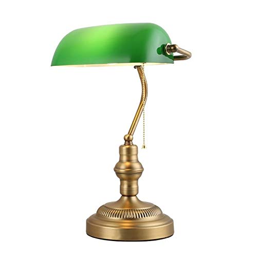 BarcelonaLED Lámpara de Mesa Escritorio Banquero Vintage Retro con Pantalla de Cristal Color Verde Laton para E27 Despacho Salón Americano Banker Oficina Notario