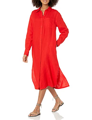 The Drop Vestido camisero midi Fiona para mujer, en lino, corte holgado, rojo fuego, 3XL Grande