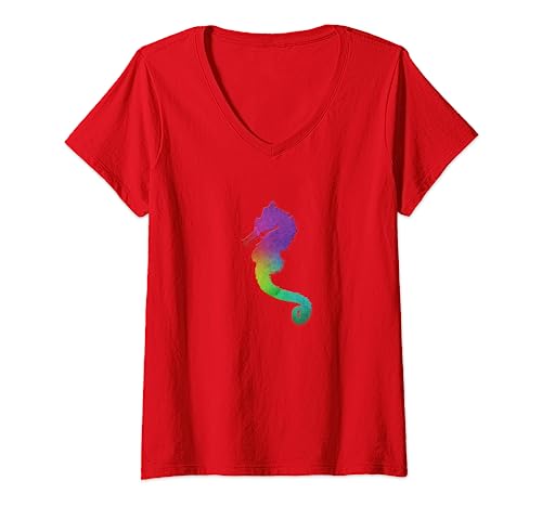Mujer Camiseta de caballito de mar de acuarela para regalo Camiseta Cuello V