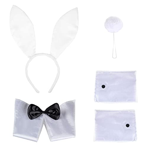 NITAIUN Bunny Costume Set Blanco Bunny Accesorio Easter Bunny Fancy Dress Kit Orejas de conejo Diadema Pajarita Puños Cola para niños adultos Navidad Pascua Cosplay Disfraz Fiesta (blanco)