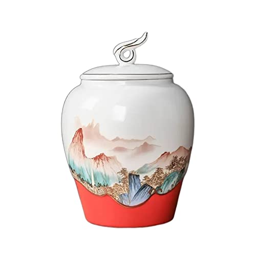 lata de té Adornos de cerámica china Bote de té Recipiente de té suelto de cerámica de estilo chino vintage con tapa de nubes auspiciosas y pinturas de paisajes dibujadas a mano Contenedores de almace