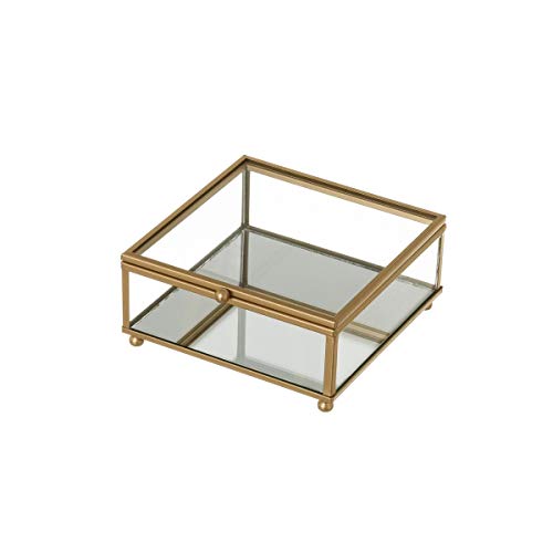 LOLAhome Joyero Caja de Cristal y Metal Dorada clásica, de 13x14x6 cm -