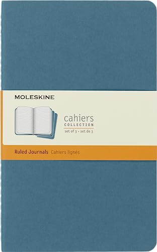 Moleskine Cahier Journal, Set 3 Notebooks with Ruled Pages, Cardboard Cover with Visible Cotton Stiching, Colour Brisk Blue, Large 13 x 21 cm, 80 Pages