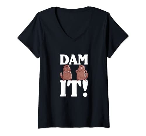 Mujer Dam It | Dibujo de castor Dabbing Camiseta Cuello V