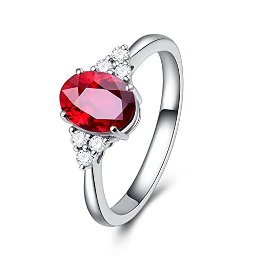 Bellitia Jewelry Anillo Ajustable Mujer Plata de Ley 925 con Rubi Rojo, Anillos Simples con Piedra Artificial de Nacimiento de Forma Oval