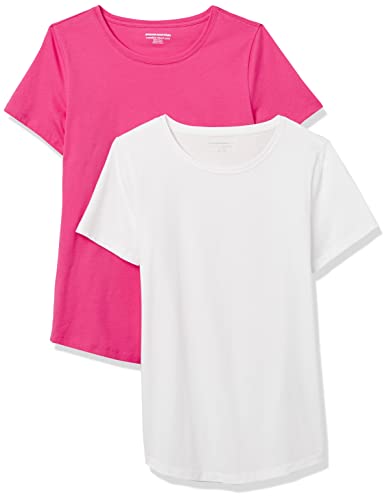 Amazon Essentials Camiseta de Cuello a La Caja de Manga Corta, 100% Algodón y Ajuste Clásico (Disponible en Tallas Grandes) Mujer, Pack de 2, Blanco/Rosa Oscuro, XXL