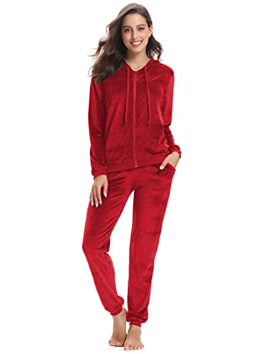 Aottori Chandal Mujer Completo Conjunto Chándal Terciopelo Chandal Invierno Sudadera con Capucha Cremallera Y Pantalón Conjunto Deportivo Sudadera Pijamas Terciopelo Rojo.XS