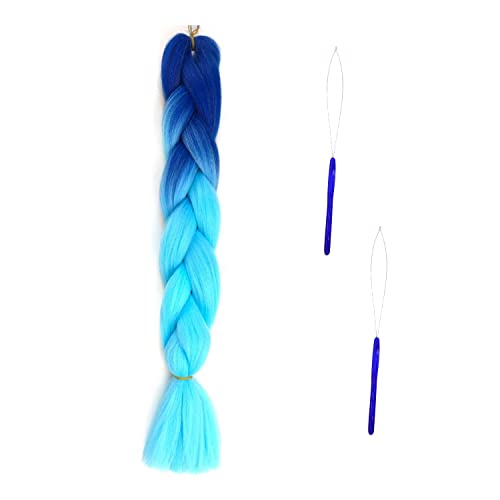 cabello de color trenzado, extensión de cabello trenzado, cabello sintético con 2 piezas de anillos de extensión de cabello para peinados de bricolaje y más (azul real a azul cielo)