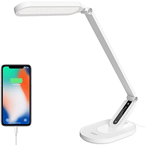 JKSWT Lámpara de escritorio LED, Lámparas de mesa para el cuidado de ojos protege los ojos Lámpara de oficina regulable con 5 modos de color Puerto de carga USB Control táctil y función de memoria