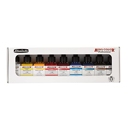 Schmincke - AERO COLOR® Professional, estuche de cartón, 9 tonos 28 ml pintura acrílica líquida fina, transparente, de alta resistencia a la luz, para pintura acrílica, aerógrafo, tinta acrílica