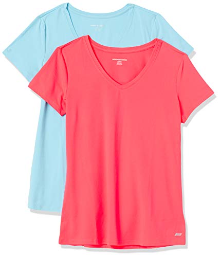 Amazon Essentials Camiseta técnica elástica de Manga Corta y Cuello en Pico (Disponible en Tallas Grandes) Mujer, Pack de 2, Rosa Fluorescente/Azul, S