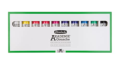 Schmincke - AKADEMIE® Gouache, 10 tubos de 60 ml, 72 210 097, 10 tubos de témpera fina en estuche de cartón, colores opacos, mates y fuertes, alta resistencia a la luz