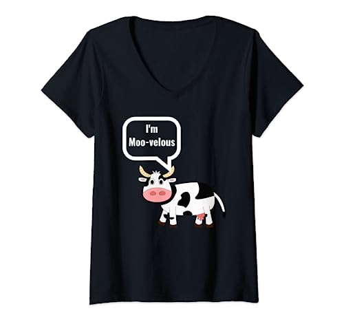 Mujer Adorable vaca de dibujos animados diciendo que soy mo-velous bovino divertido juego de palabras Camiseta Cuello V
