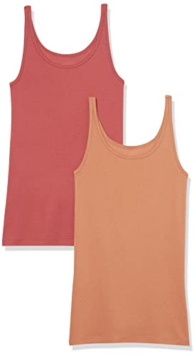 Amazon Essentials Camiseta de Tirantes Finos de Ajuste Entallado Mujer, Pack de 2, Rojo Ladrillo/Marrón, S