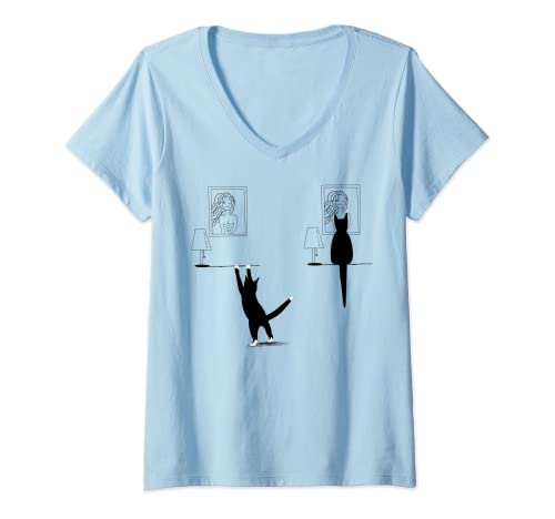 Mujer Chica con un gato foto broma truco dibujado imagen Camiseta Cuello V