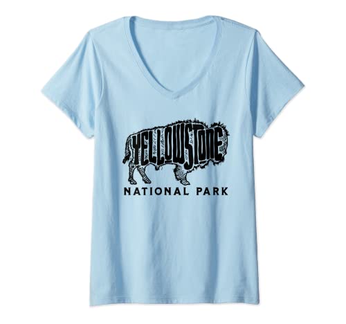 Mujer Yellowstone Sketched Bisonte Lettering & Tipografía Minimalista Camiseta Cuello V