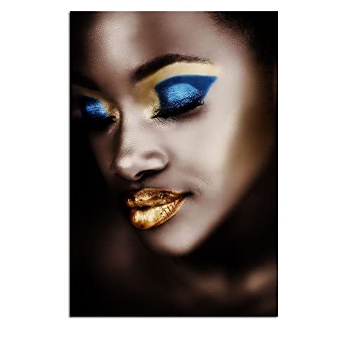 Startonight Cuadro sobre Vidrio Acrílico - Chica de Maquillaje Oro Azul - Moderno Cuadro de Cristal Acrílico 60 x 90 cm