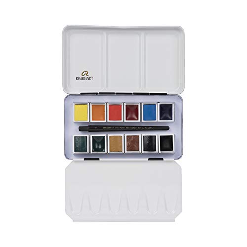 Rembrandt - Caja de acuarelas extrafinas monopigmento, caja metálica con 12 colores monopigmento, incluye pincel