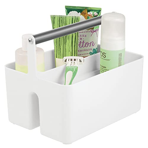 mDesign Caja organizadora para Cuarto de baño – Cesta con asa para el Almacenamiento de Productos cosméticos – Organizador de baño con 2 Compartimentos – Blanco y Gris Grafito