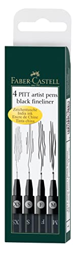 Faber-Castell 167115 - Pack de 4 rotuladores Pitt Artist Pens Black Fineliner, surtido de 4 puntas, XS, S, F, M, color negro