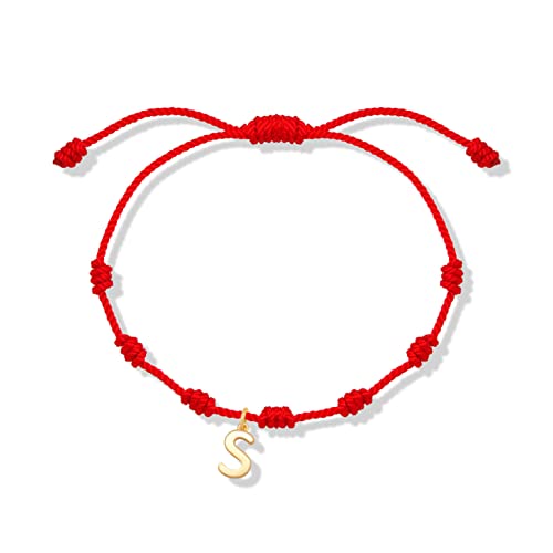 WAU!!! Pulsera Roja 7 Nudos Amuleto Hilo Rojo Pulsera Parejas Pulsera Amistad, Pulsea que se ajusta hasta 28 cm, Ajustable con letras iniciales, Pulsera Hilo Rojo de la Suerte (S, Plateado)