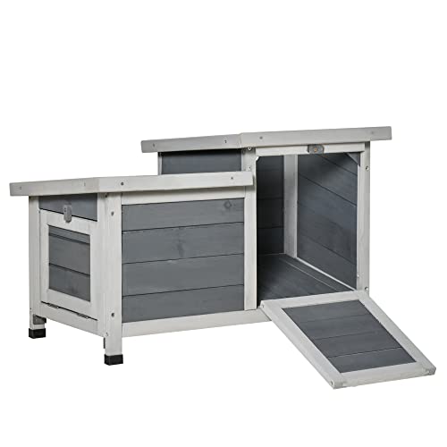 PawHut Conejera de Madera Exterior 70x43x45 cm Caseta Elevada para Conejos Roedores con Techos Asfálticos Abatibles y 2 Puertas Convertibles en Rampas Gris